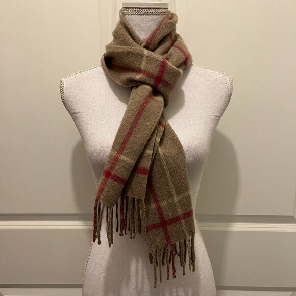 Erdenet 100% Cashmere Brown & Pink Plaid Scarf with Fringe - Picture 1 of 9